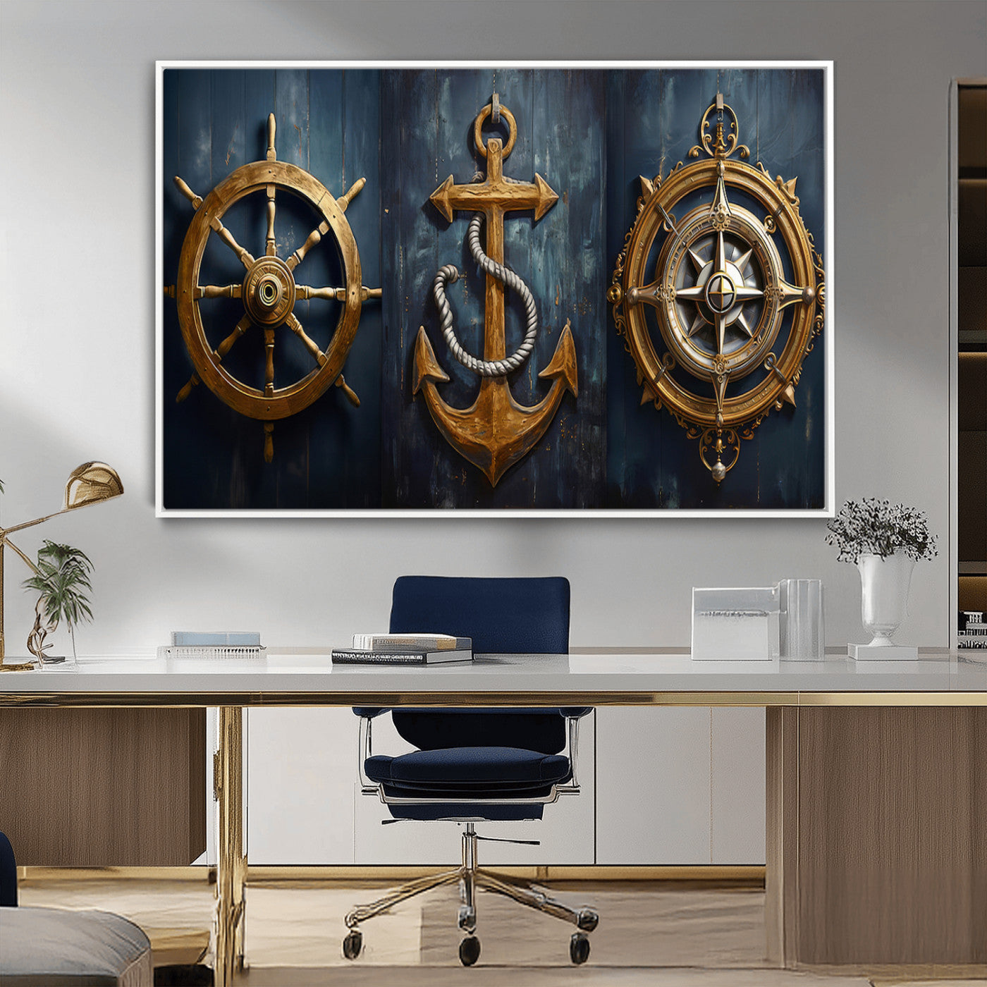 MGV-FC-36X24 - Boat Anchor Compass With Rope Wall Art Canvas Print | Beach House Wall Art