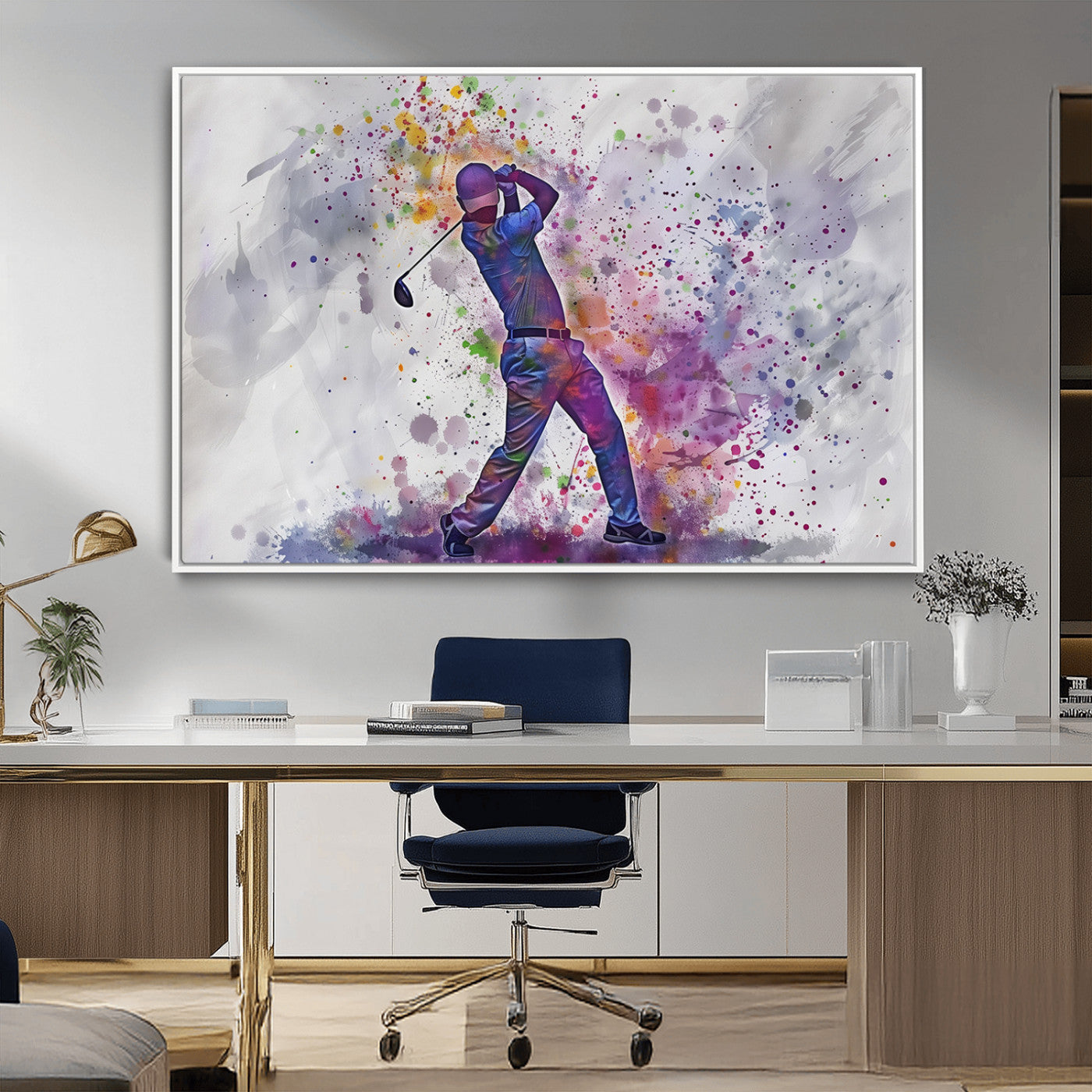 MGV-FC-36X24 - Watercolor Golf Swing Wall Art Canvas Print | Vibrant Abstract Golf Player Silhouette |