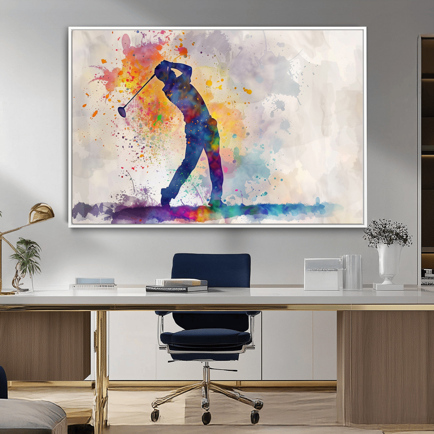 MGV-FC-36X24 - Watercolor Golf Swing Wall Art Canvas Print | Vibrant Abstract Golf Player Silhouette |