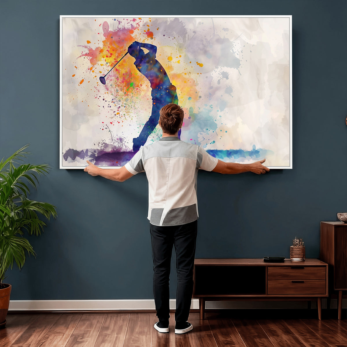 89625-MGV-CV-36X24 - Vibrant Watercolor Golf Swing Wall Art Canvas Print | Extra Large 3 Piece Canvas Wall Art