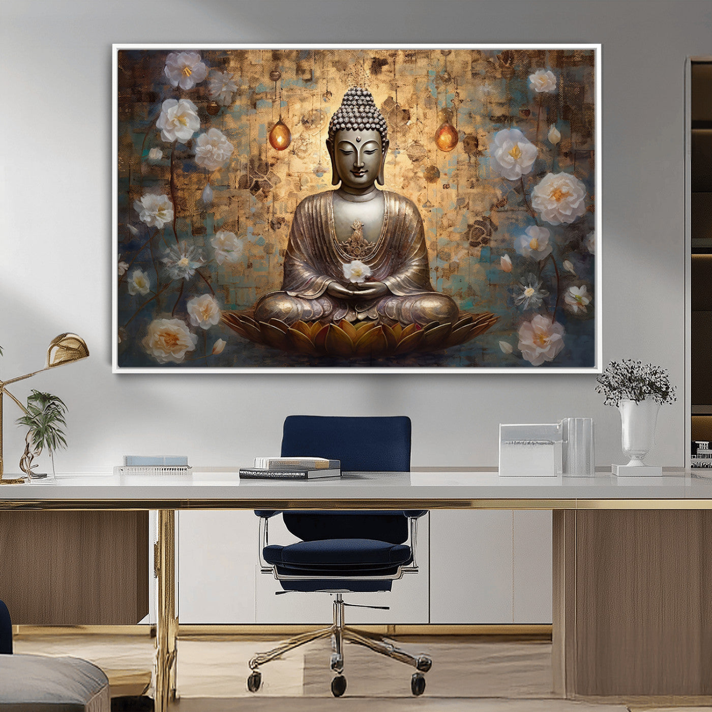 MGV-FC-36X24 - Golden Buddha Wall Art Canvas Print | Zen Meditation Floral Decor | Tranquil Spiritual Home Art |