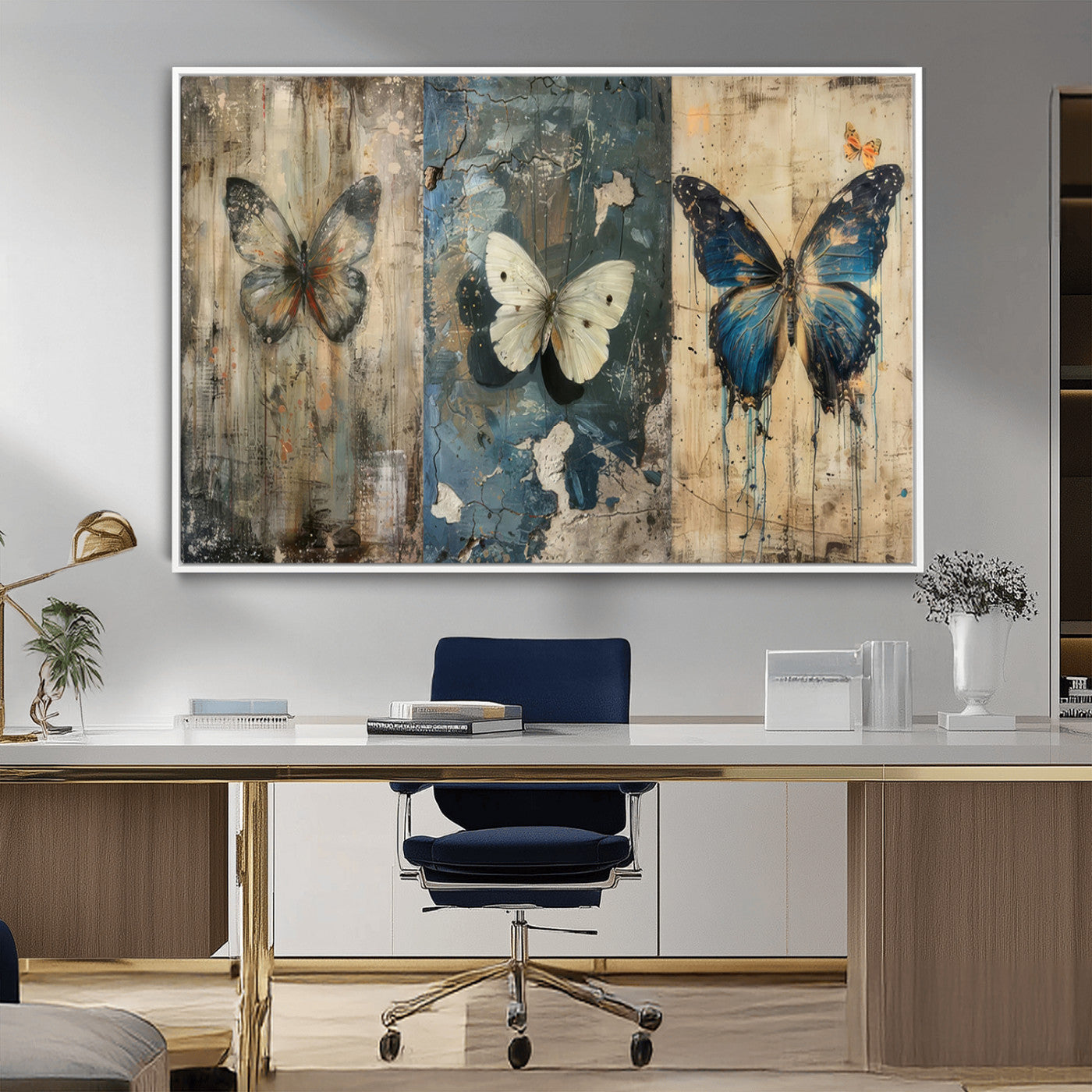 MGV-FC-36X24 - Butterfly Wall Art Trio | Vintage Butterfly Canvas Print | Ready to Hang Framed Artwork for