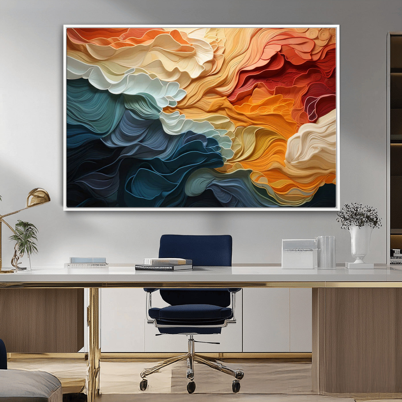 MGV-FC-36X24 - Blue Orange Abstract Wave Wall Art Canvas Print, Framed Blue Orange Wave Wall Art