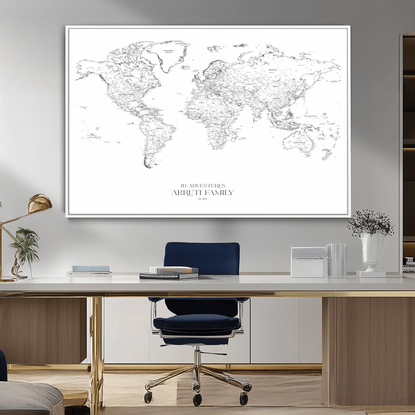 MGV-FC-36X24 - Custom World Map Wall Art – Personalized Framed Canvas Print with Push Pins for Travel Tracking,