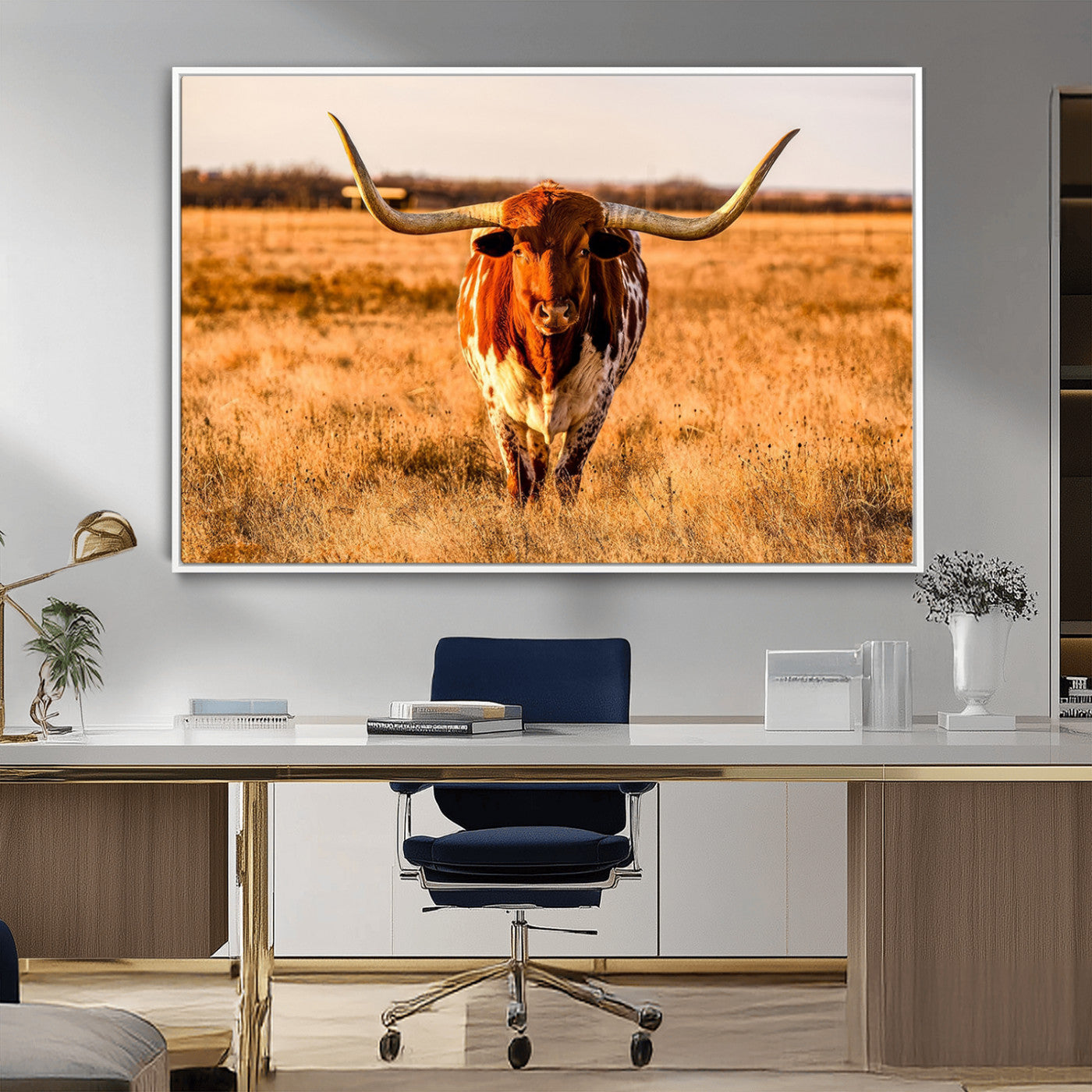 MGV-FC-36X24 - Longhorn Cow Wall Art | Ready to Hang Framed Canvas Print for Farmhouse and Barn Decor