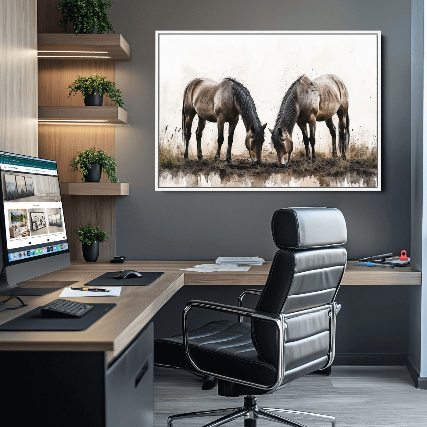 71729-MGV-CV-36X24-Chines Ink Style Horses Wall Art Canvas Print