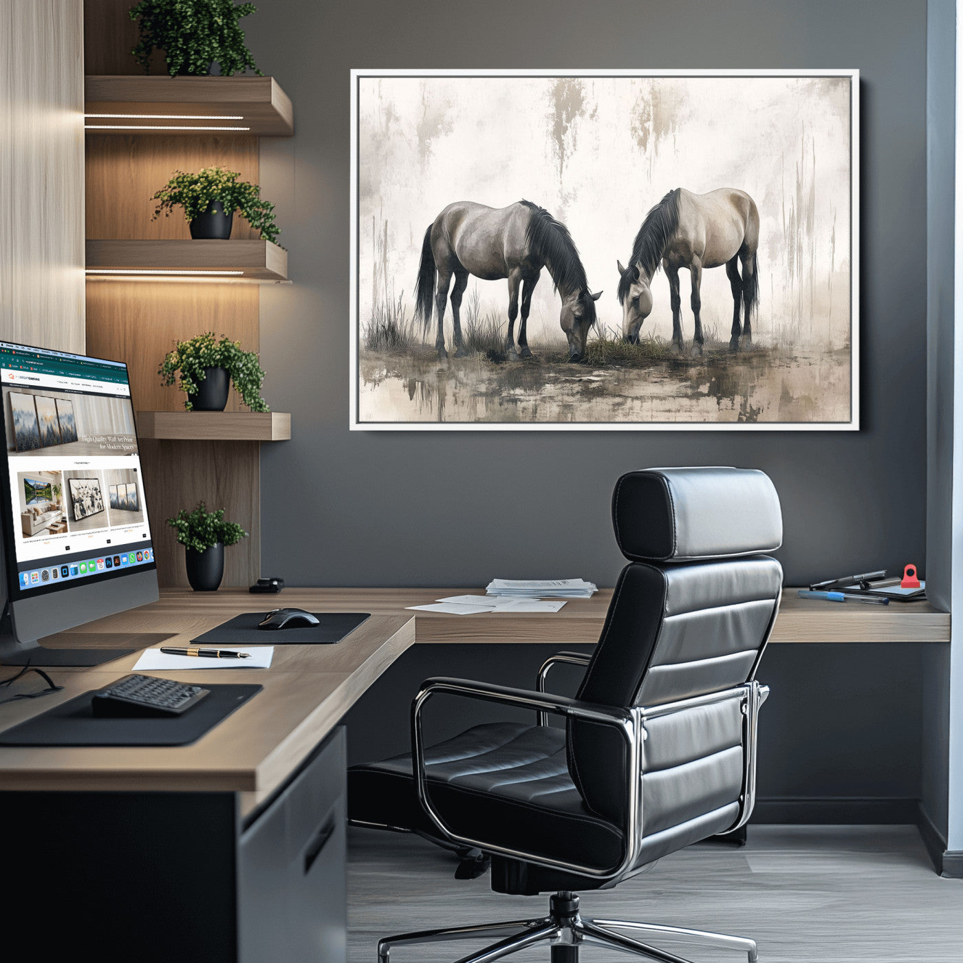 35494-MGV-CV-36X24-Chines Ink Style Vintage Horses Wall Art Canvas Print for Farmhouse Wall Decor