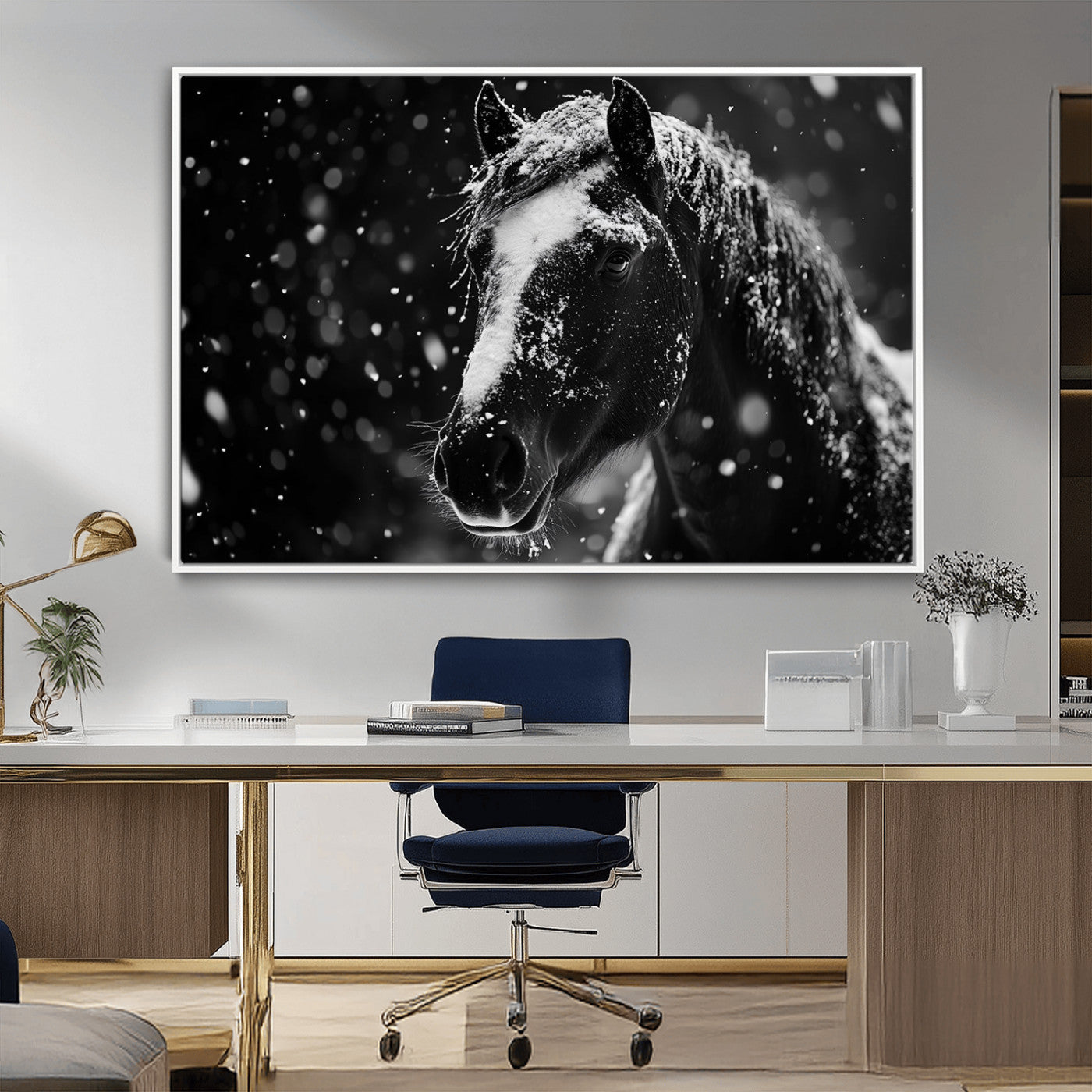 MGV-FC-36X24 - Winter Horse Wall Art | Black and White Horse Print | Ready to Hang and Framed | Farmhouse Wall Art