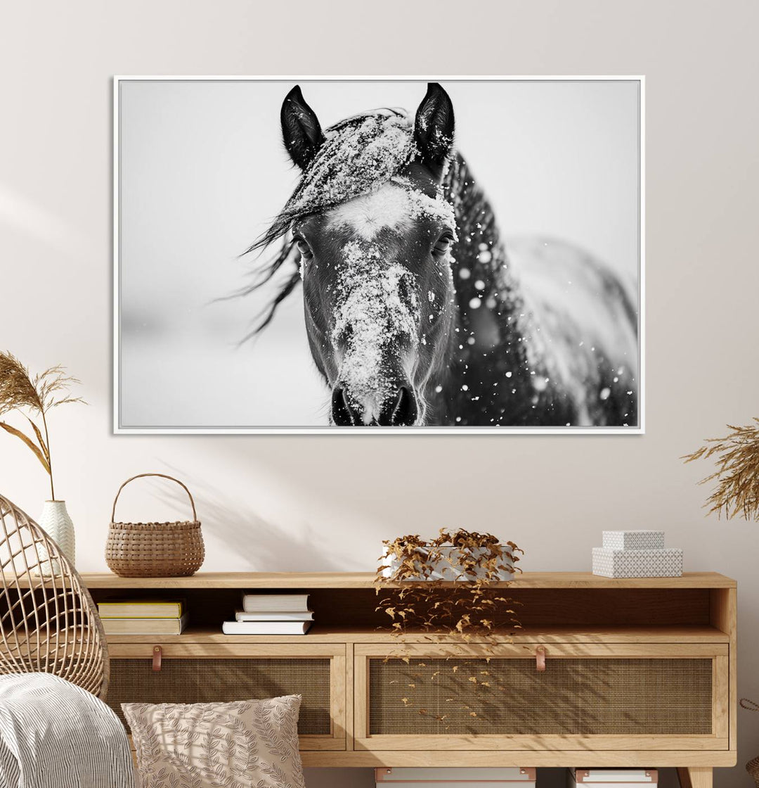 This black and white winter horse wall art enhances any decor; it is ready to hang and framed for a farmhouse or Western style.