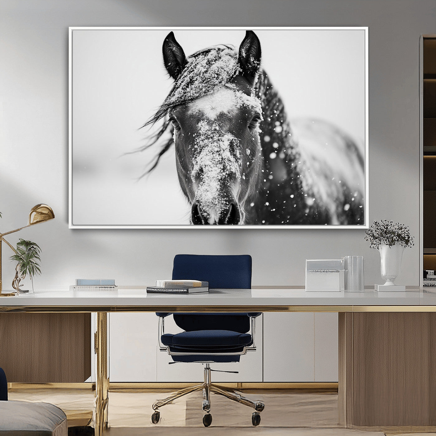 MGV-FC-36X24 - Western Wall Art | Black and White Winter Horse Wall Art | Ready to Hang and Framed | Farmhouse and