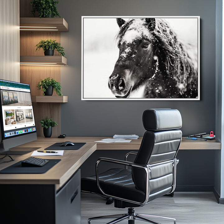 The wall art is a Black and White Horse piece, framed and ready to hang.