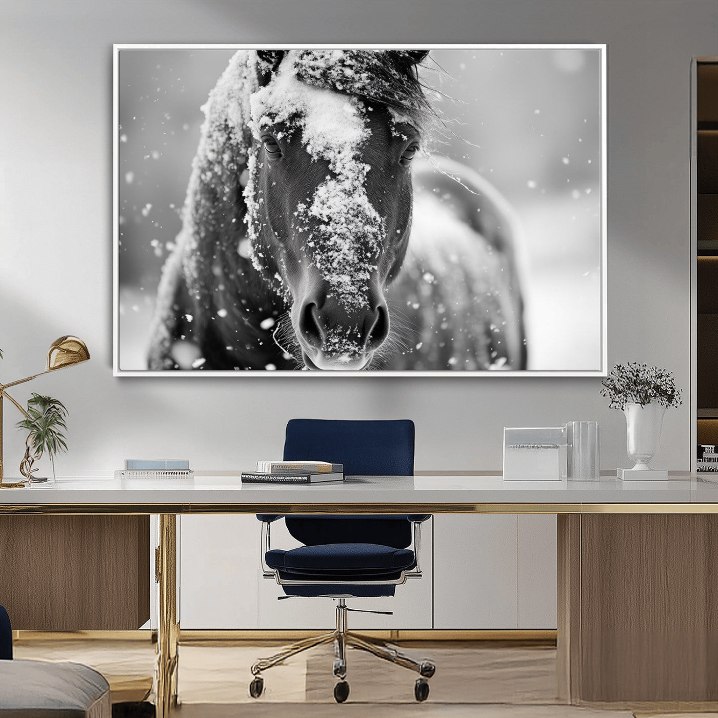 MGV-FC-36X24 - Black and White Horse Winter Wall Art | Ready to Hang and Framed | Farmhouse Wall Decor | Western