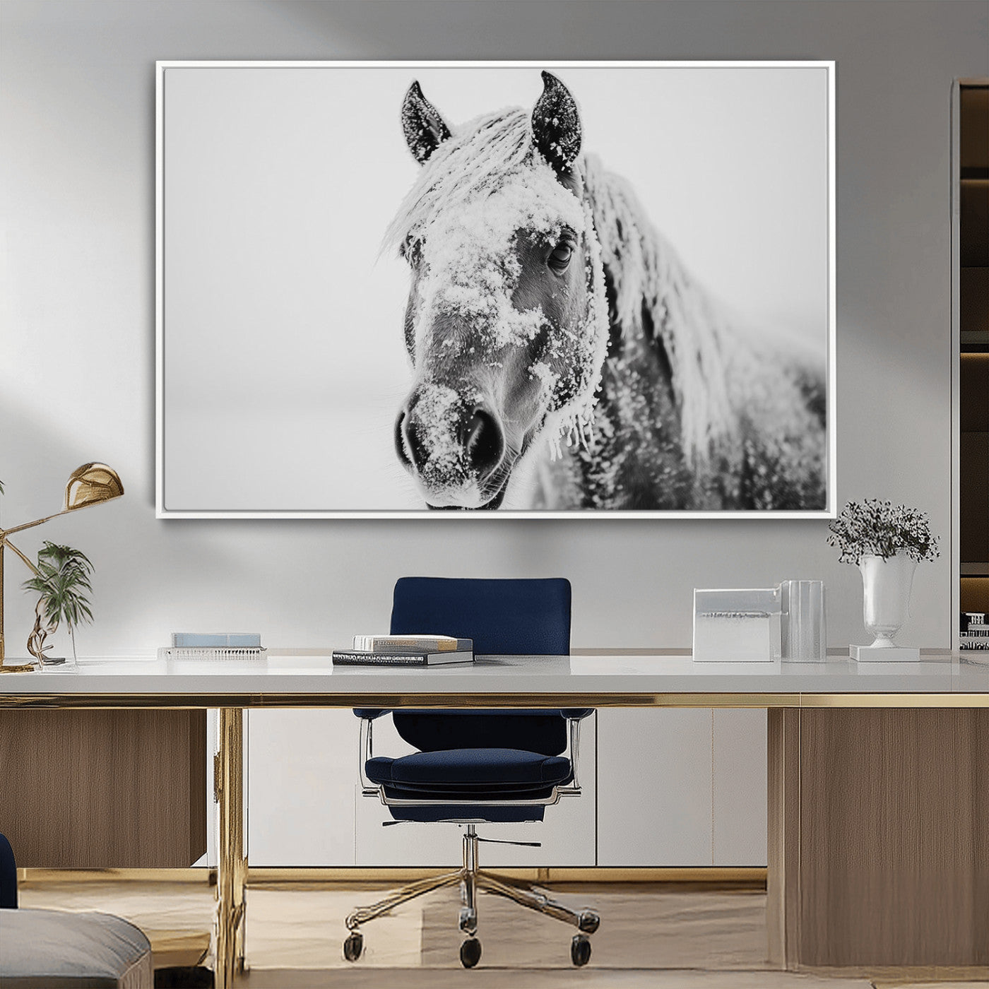 MGV-FC-36X24 - White Horse Wall Art | Ready to Hang and Framed | Winter Horse Wall Art Print for Farmhouse and