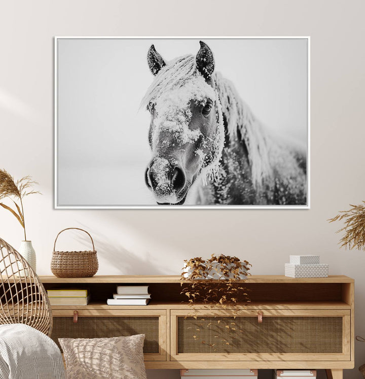 White Horse Wall Art: A black and white photo of a snow-covered horse, framed and ready to hang for farmhouse decor.