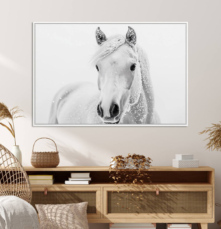 The dining room features the Majestic White Horse Wall Art, adding to its rustic charm.