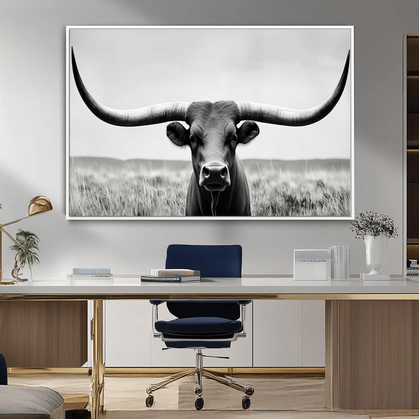 -Longhorn Bull Canvas Print | Rustic Farmhouse Wall Art | Western Decor | Ready to Hang and Framed