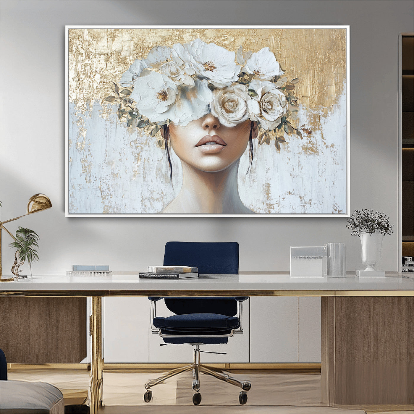 MGV-FC-36X24 - Golden Petal Wall Art - Canvas Print Flower Head Woman Painting Floral Woman Portrait Wall Decor,