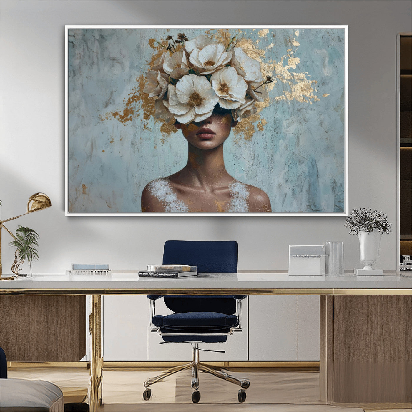 MGV-FC-36X24 - Golden Petal Wall Art - Petal Silhouette Woman Wall Art Canvas Print | Large 3-Panel Canvas with