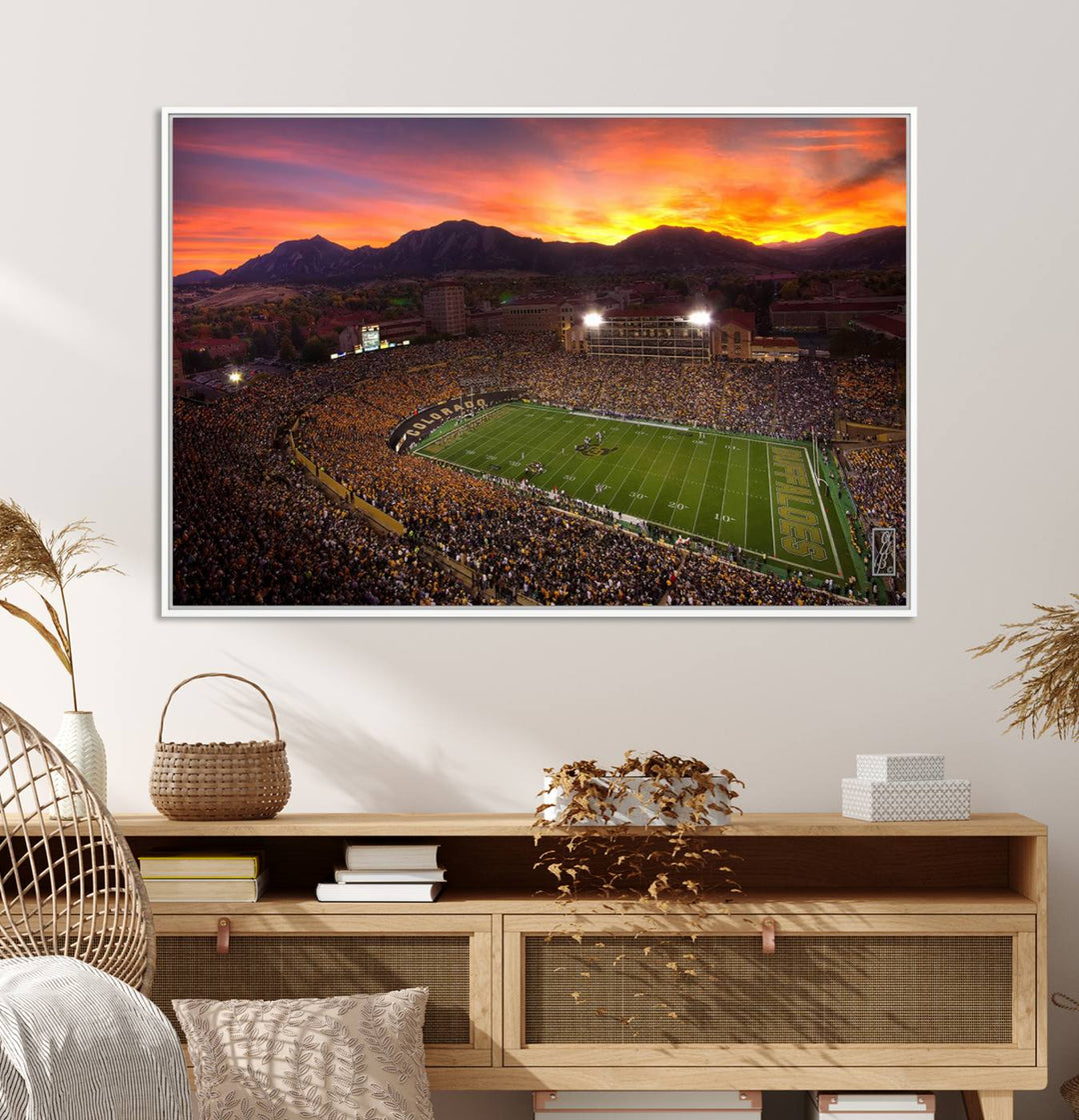 A vibrant mountain sunset at Folsom Field, home of the University of Colorado Football team, is captured in this stunning wall art canvas print.