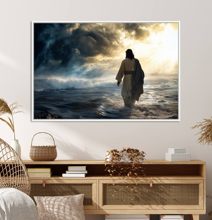 A dramatic sky serves as the backdrop for the Jesus Walking on Water wall art, a perfect piece for Christian home decor.