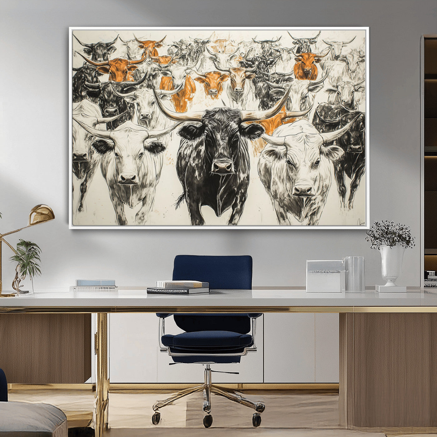 MGV-FC-36X24 - Texas Longhorn Wall Art - Herd Canvas Wall Art Print - Abstract Cow Drawing Wall Art Print for