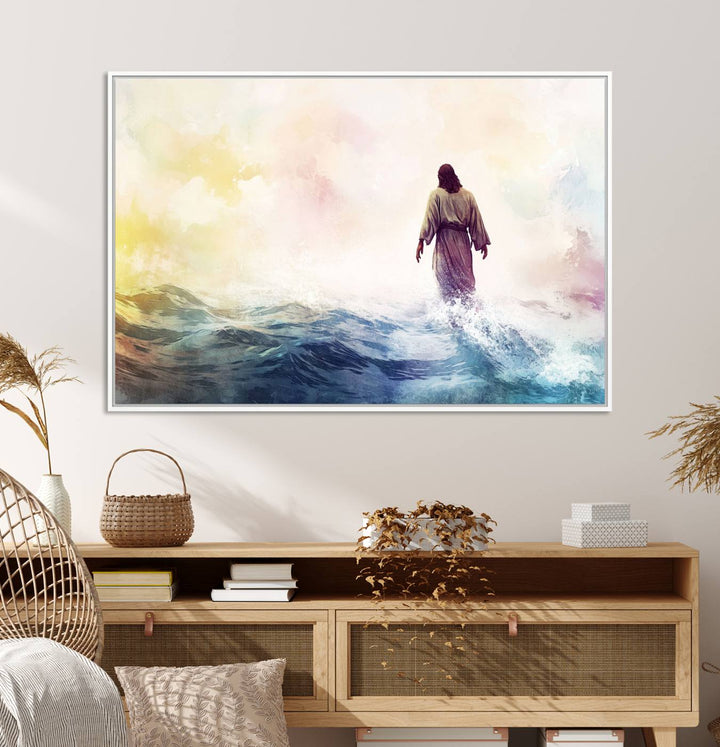 A robed figure strides on water in gentle waves, evoking the Watercolor Jesus Walking on Water canvas art.