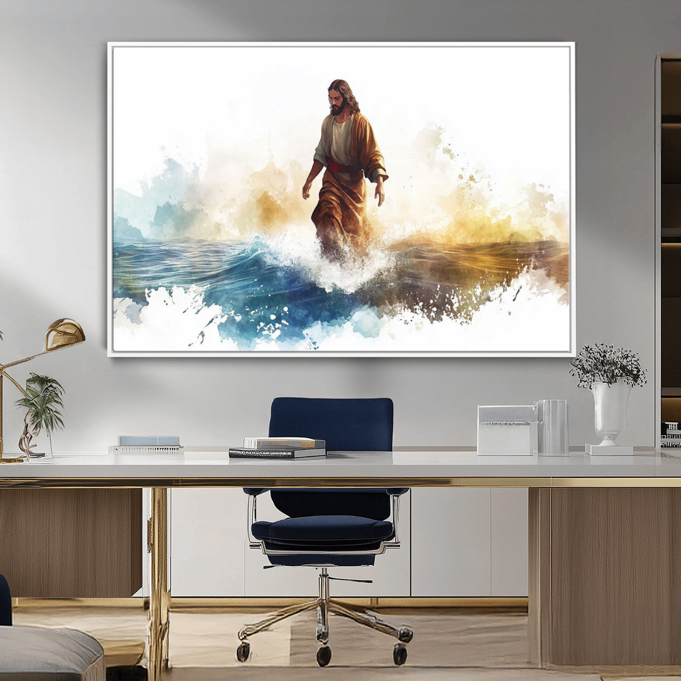 MGV-FC-36X24 - Watercolor Jesus Walking Wall Art Print, Jesus Water Canvas Print, Christian Wall Art, Jesus Christ