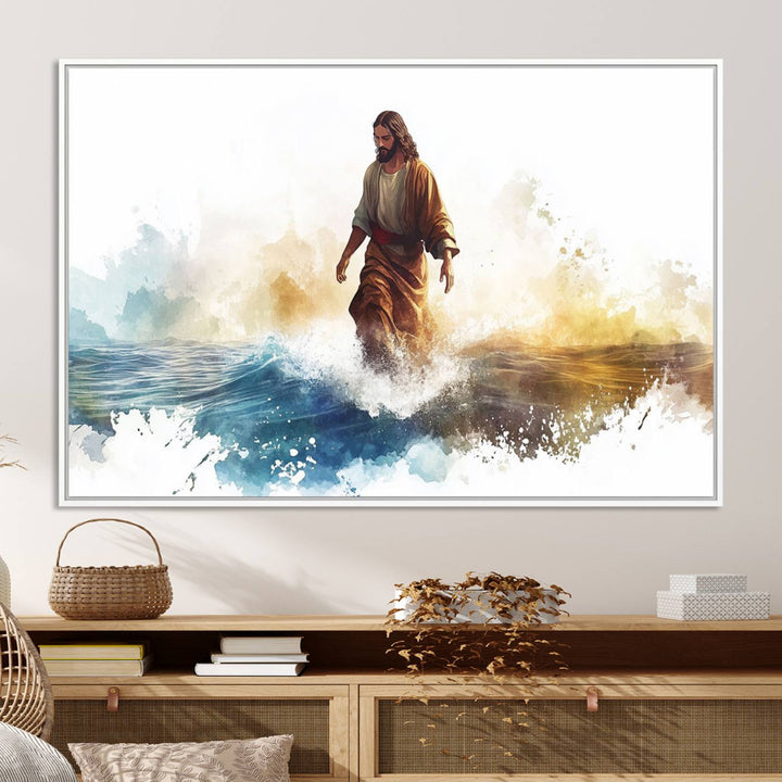 This watercolor canvas print depicts Jesus walking, characterized by abstract splashes against a serene background. It serves as a beautiful piece of Christian wall art.