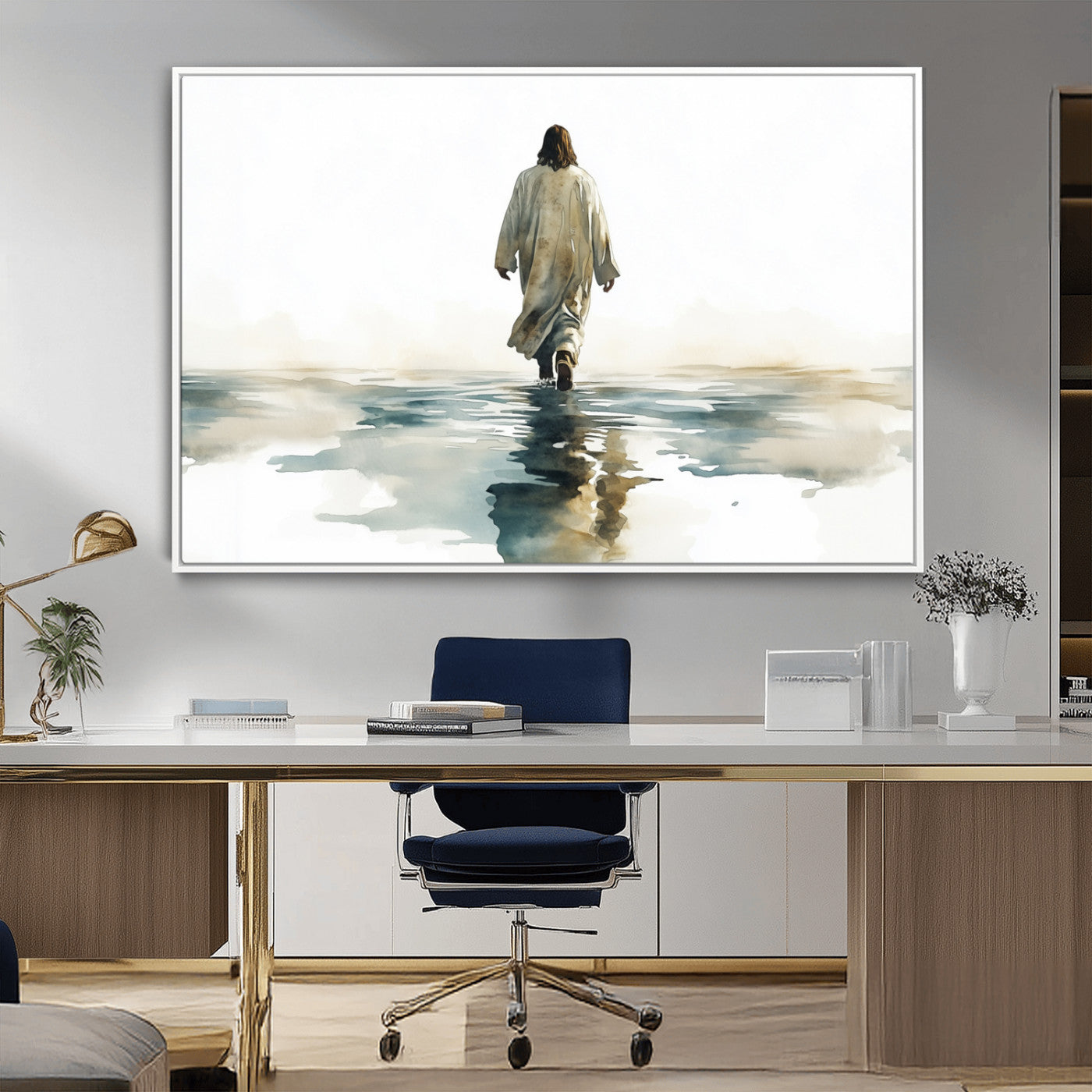 MGV-FC-36X24 - Watercolor Jesus Walking on Water Canvas Print, Christian Wall Art, Jesus Christ Walking