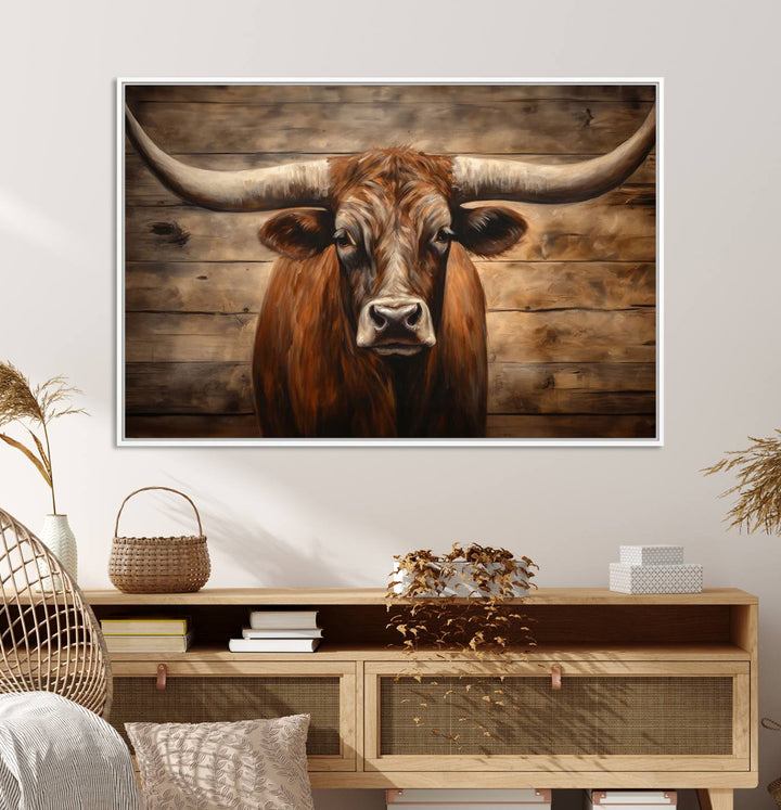 Longhorn Bull Canvas Print: Rustic Farmhouse Decor, Ready to Hang Western Barn Art.