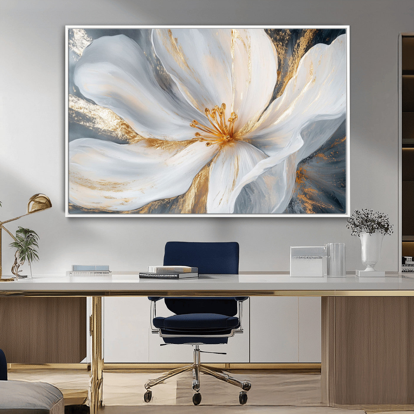 MGV-FC-36X24 - White and Gold Floral Canvas Wall Art - Framed and Ready to Hang - Perfect for Modern Living Rooms