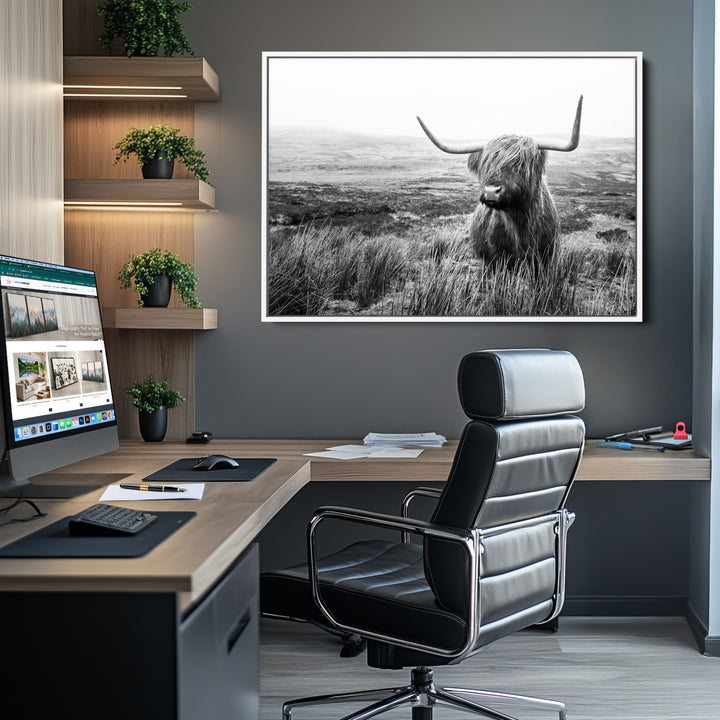 Scottish Highland Cow Wall Art | Black and White Canvas Print | Ready to Hang and Framed | Rustic Farmhouse Wall Decor for Living Room or