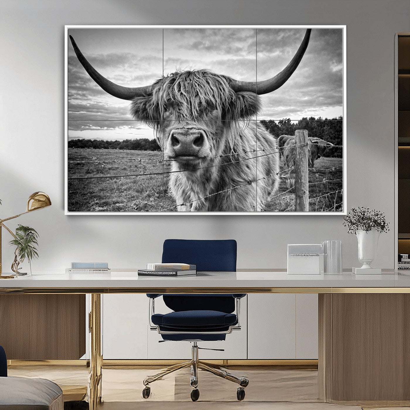 MGV-FC-36X24 - Scottish Highland Cow Wall Art Canvas Print | Ready to Hang and Framed | Rustic Farmhouse Decor