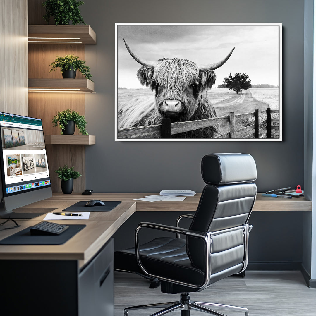 Scottish Highland Cow Wall Art | Rustic Farmhouse Décor | Black and White Ready to Hang Canvas Print