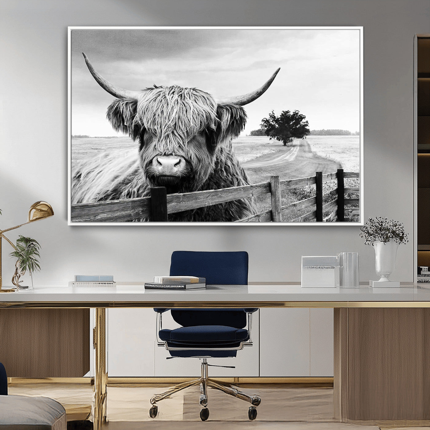 MGV-FC-36X24 - Scottish Highland Cow Wall Art | Rustic Farmhouse Décor | Black and White Ready to Hang Canvas Print