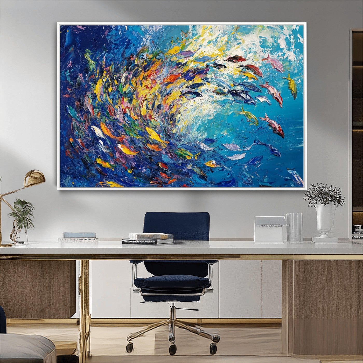 MGV-FC-36X24 - Colorful Swirling Fish School Wall Art Canvas Print | Oceanic Abstract Painting | Ready to Hang |
