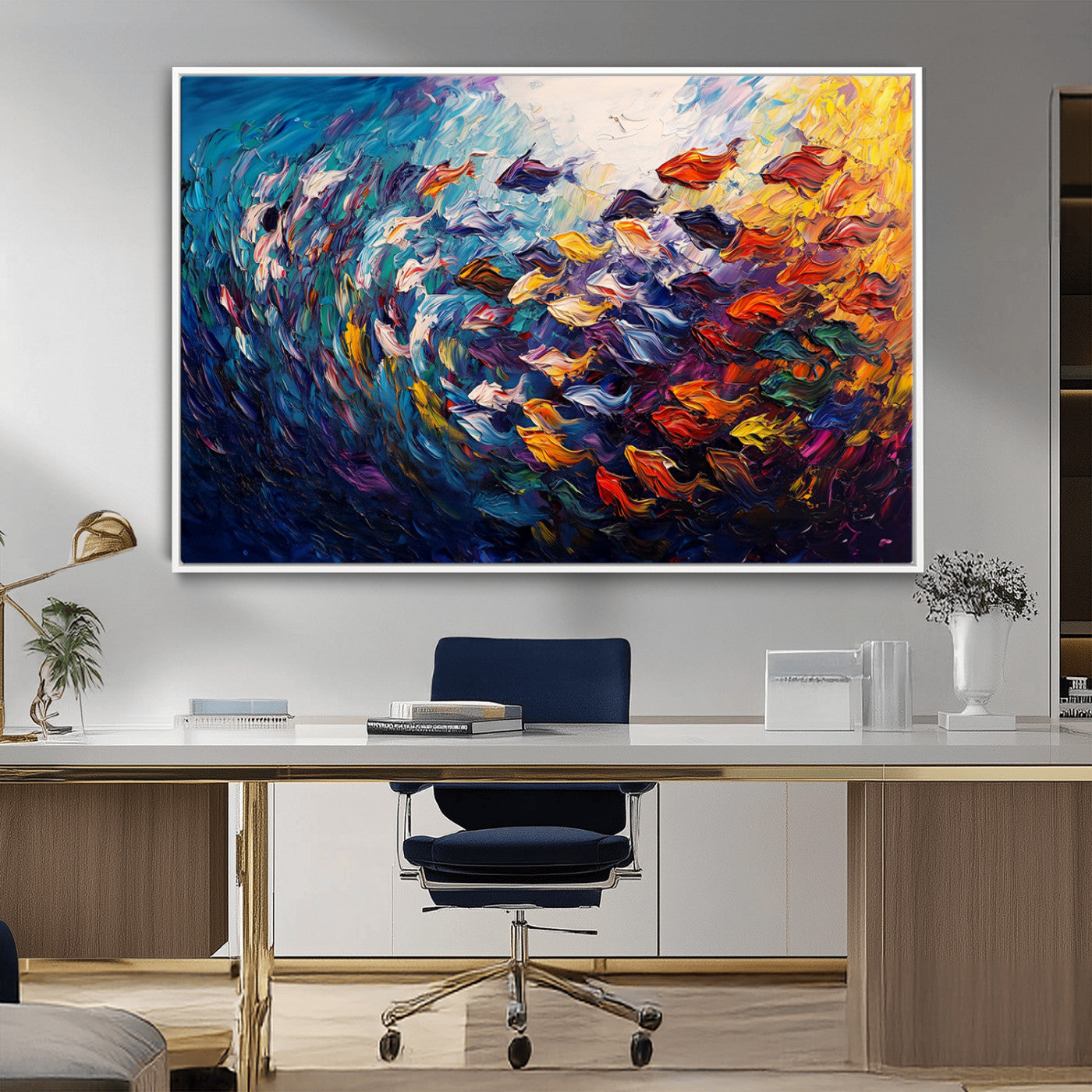 MGV-FC-36X24 - Vibrant Abstract Fish Swarm Art – Colorful Fish Inspired 3-Piece Canvas Wall Art for Living Room or