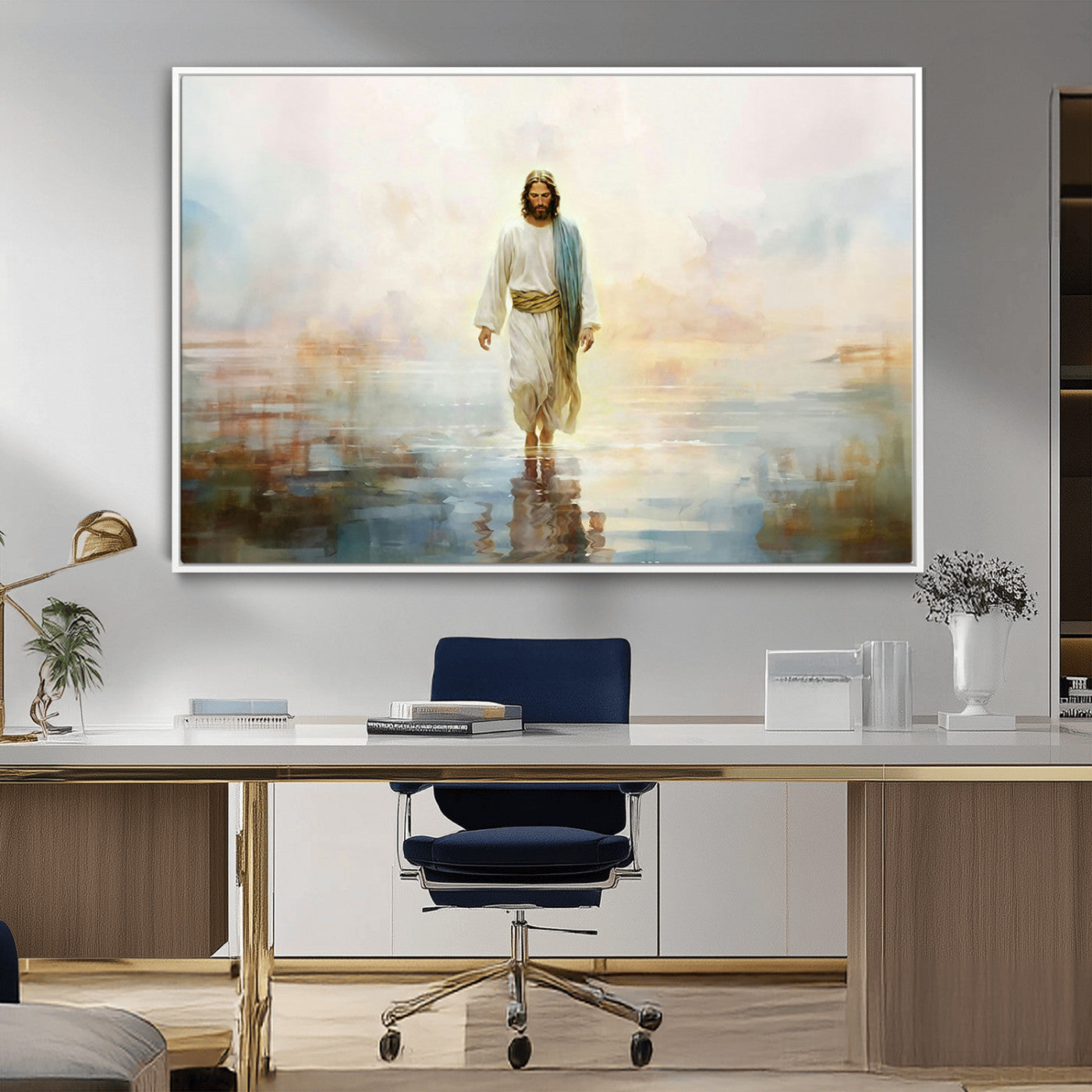 MGV-FC-36X24 - Framed Jesus Walking on Water Wall Art - 3-Panel Christian Canvas Prints, Religious Artwork for