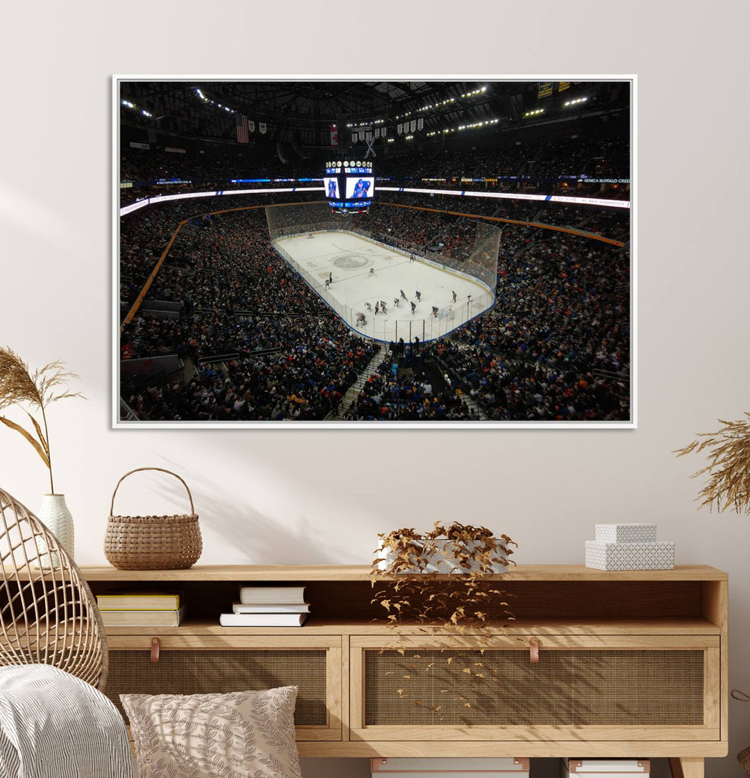 The wall art captures the essence of a Buffalo Sabres game on ice at KeyBank Center, making it deserving of a premium canvas print.