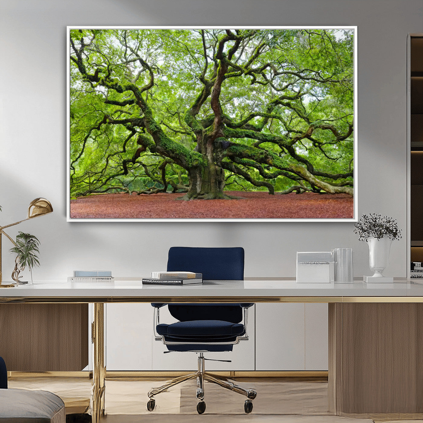 MGV-FC-36X24 - Framed Angel Oak Tree Wall Art - 3-Panel Canvas Prints, Large Green Nature Artwork, Ready to Hang