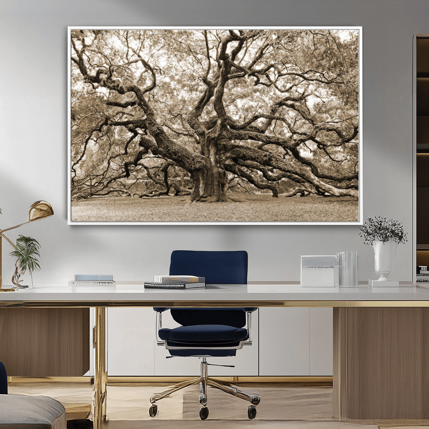 51126-MGV-CV-36X24-Sepia Framed Angel Oak Tree Wall Art - 3-Panel Canvas Prints, Large Green Nature Artwork, Ready to