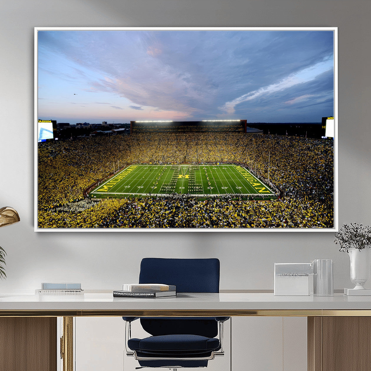 82641-MGV-FC-36X24 - Michigan Stadium Wall Art Canvas Print, Vibrant Game Day Crowd and Sunset Sky Football Field Artwork for Home, Office