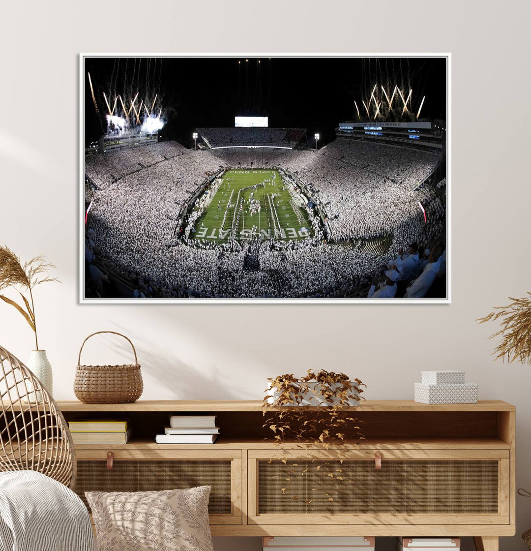 Wide-angle print of a packed stadium with fireworks, ideal gallery-quality wall art - Penn State Nittany Lions Canvas.