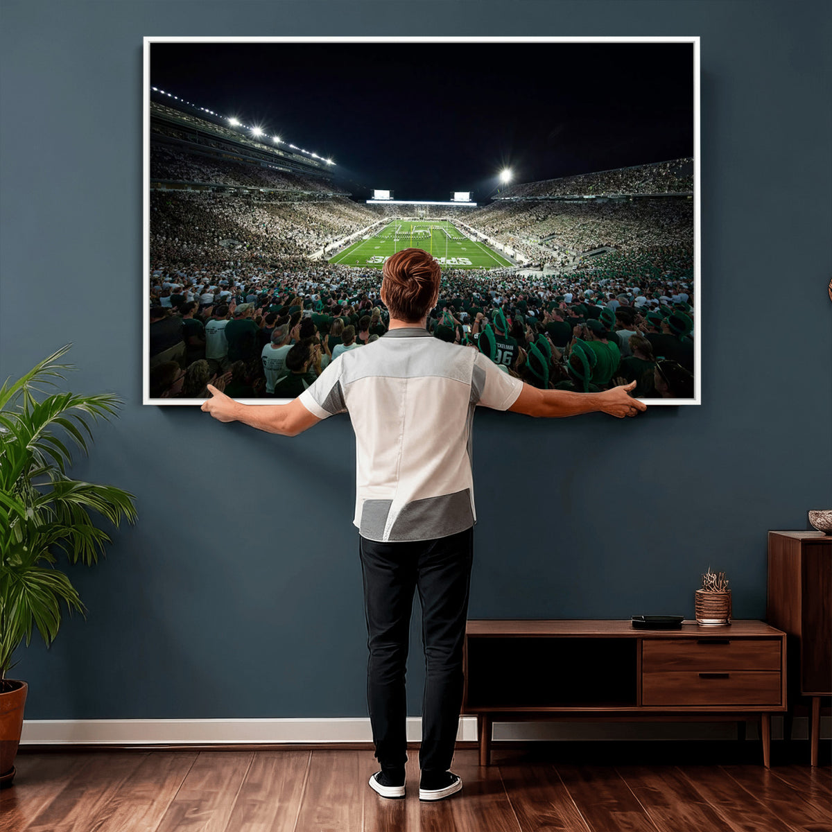 57523-PAN-FL-20X10 - Framed Michigan State Spartans Football Team Print - East Lansing Spartan Stadium Wall Art Canvas