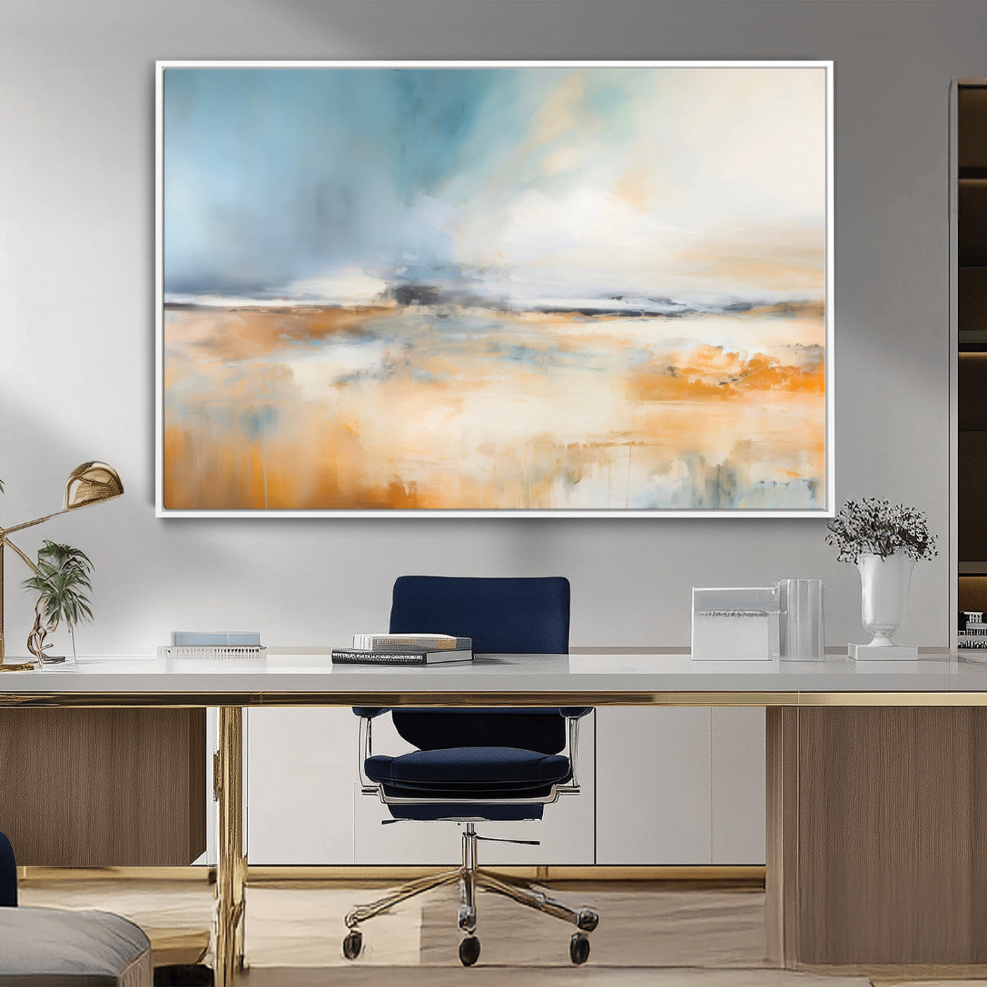 -Abstract Landscape Wall Art Canvas Print - Warm Tones of Orange and Blue, Modern Framed Art for Home