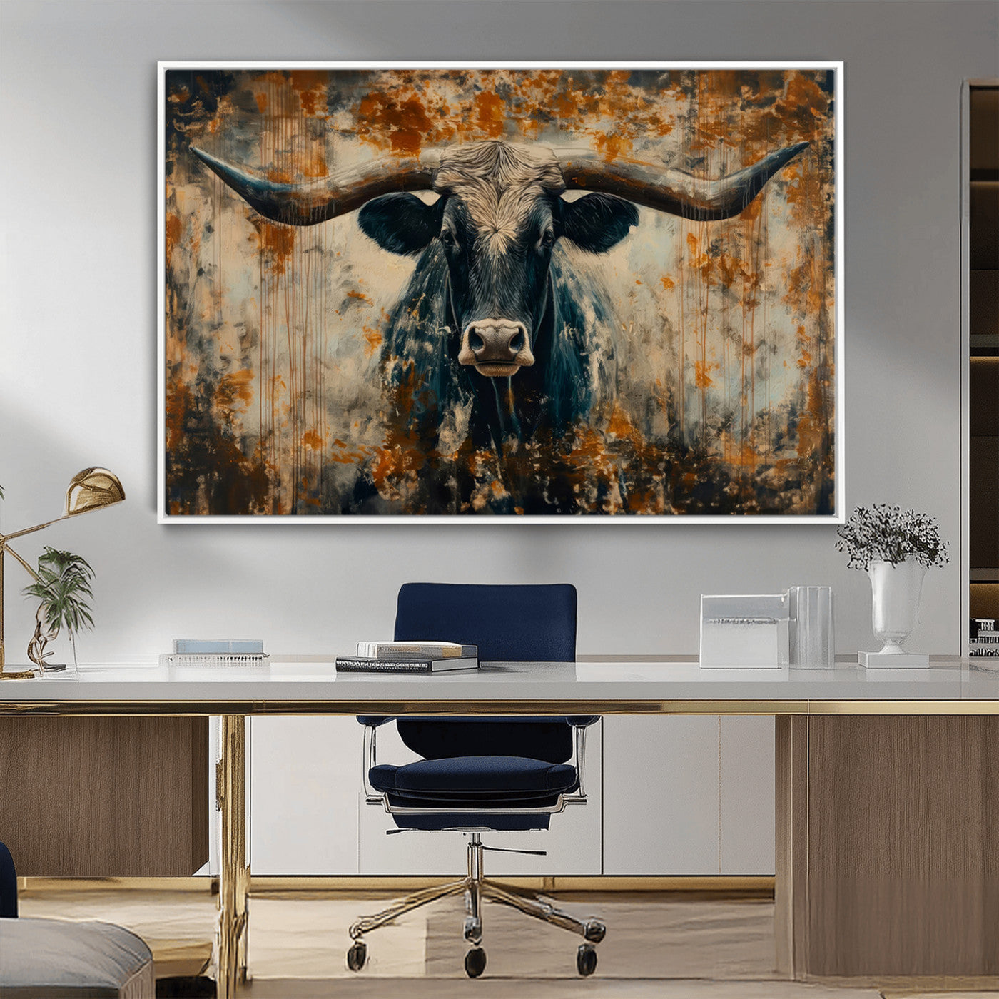 MGV-FC-36X24 - Abstract Longhorn Bull Wall Art | Rustic Western Wall Decor | Framed and Ready to Hang | Ideal for