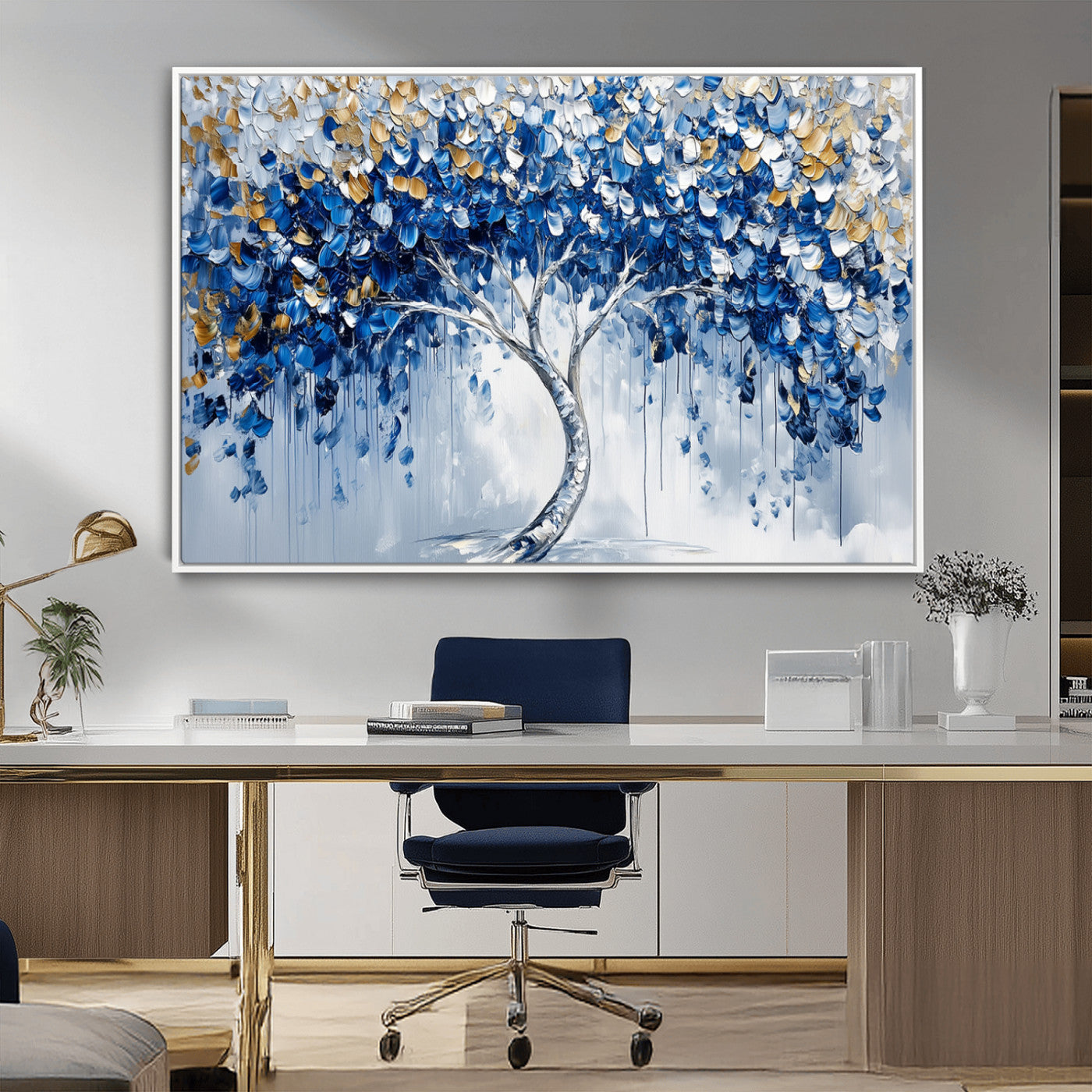 MGV-FC-36X24 - Blue and Gold Abstract Tree Wall Art Canvas Print | Modern Tree of Life Painting | Framed Canvas
