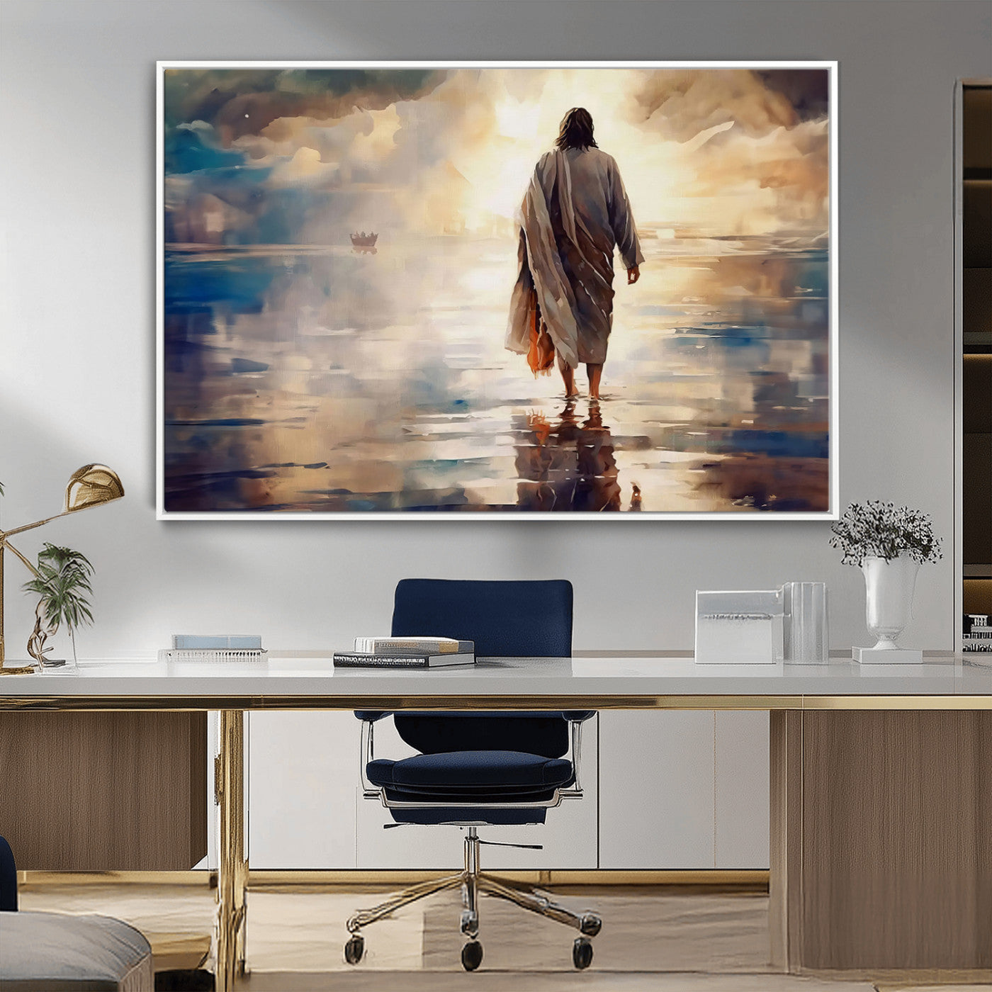 MGV-FC-36X24 - Jesus Walking on Water Wall Art | Ready to Hang Spiritual Triptych Canvas Print | Inspirational