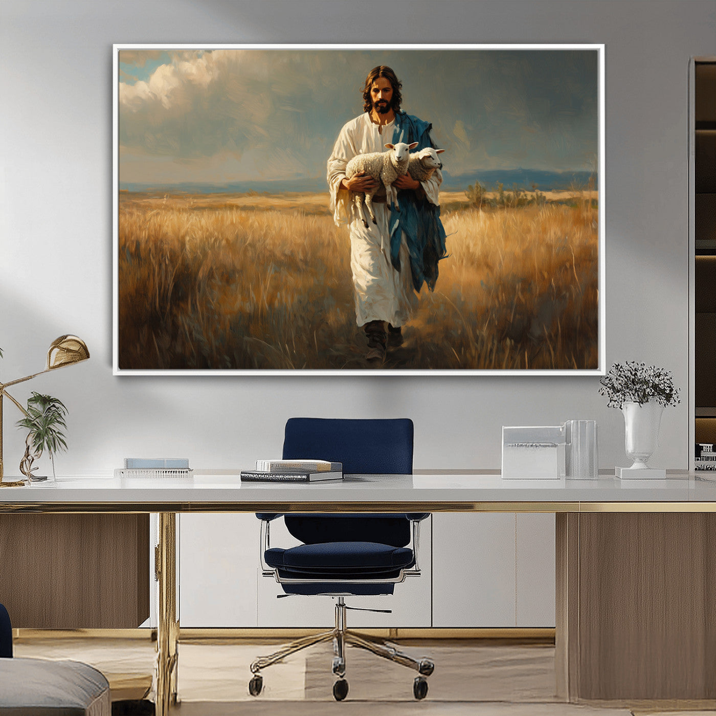 MGV-FC-36X24 - Jesus Shepherd Wall Art | Ready to Hang Triptych Canvas of Jesus Holding a Lamb in a Field |
