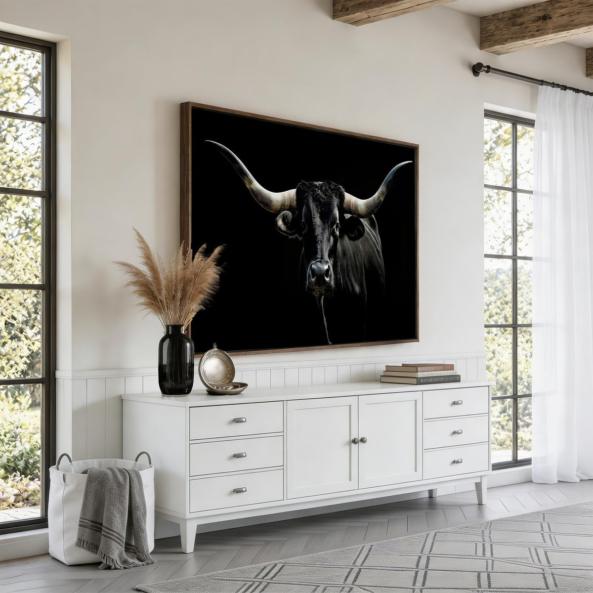 20679-MGV-CV-24X16 - Texas Black Longhorn Bull Wall Art Canvas Print, Western Cattle Rustic Decor